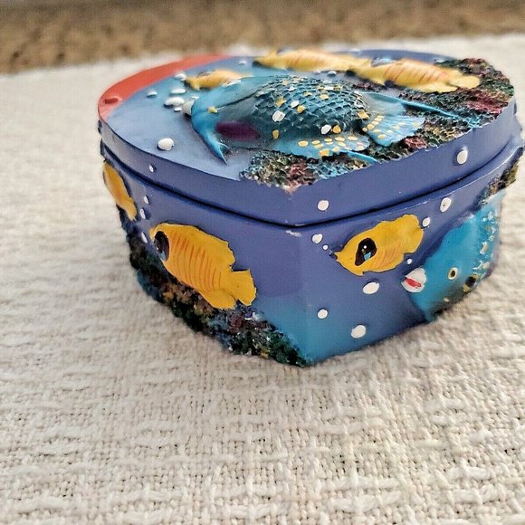 Colorful Hand Painted Heart Shaped Tropical Fish Trinket Box Ceramic 3D Fish - Picture 2 of 8